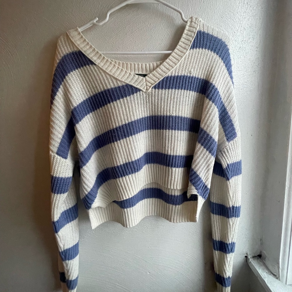 blue and white cropped sweater